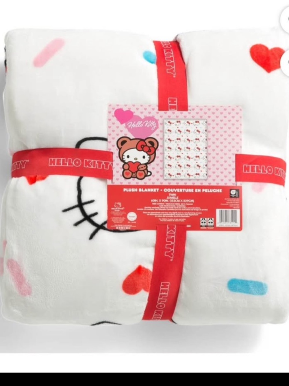 Hello Kitty White Plush Throw with Red Hearts and Pink & Blue Accents